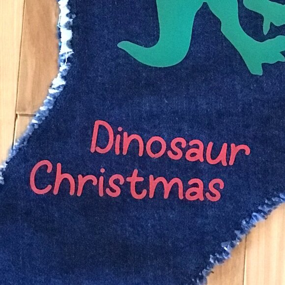Handmade Denim Christmas Stocking w/Jean Pocket: T Rex Dinosaur Graphic, S-M - Picture 5 of 8